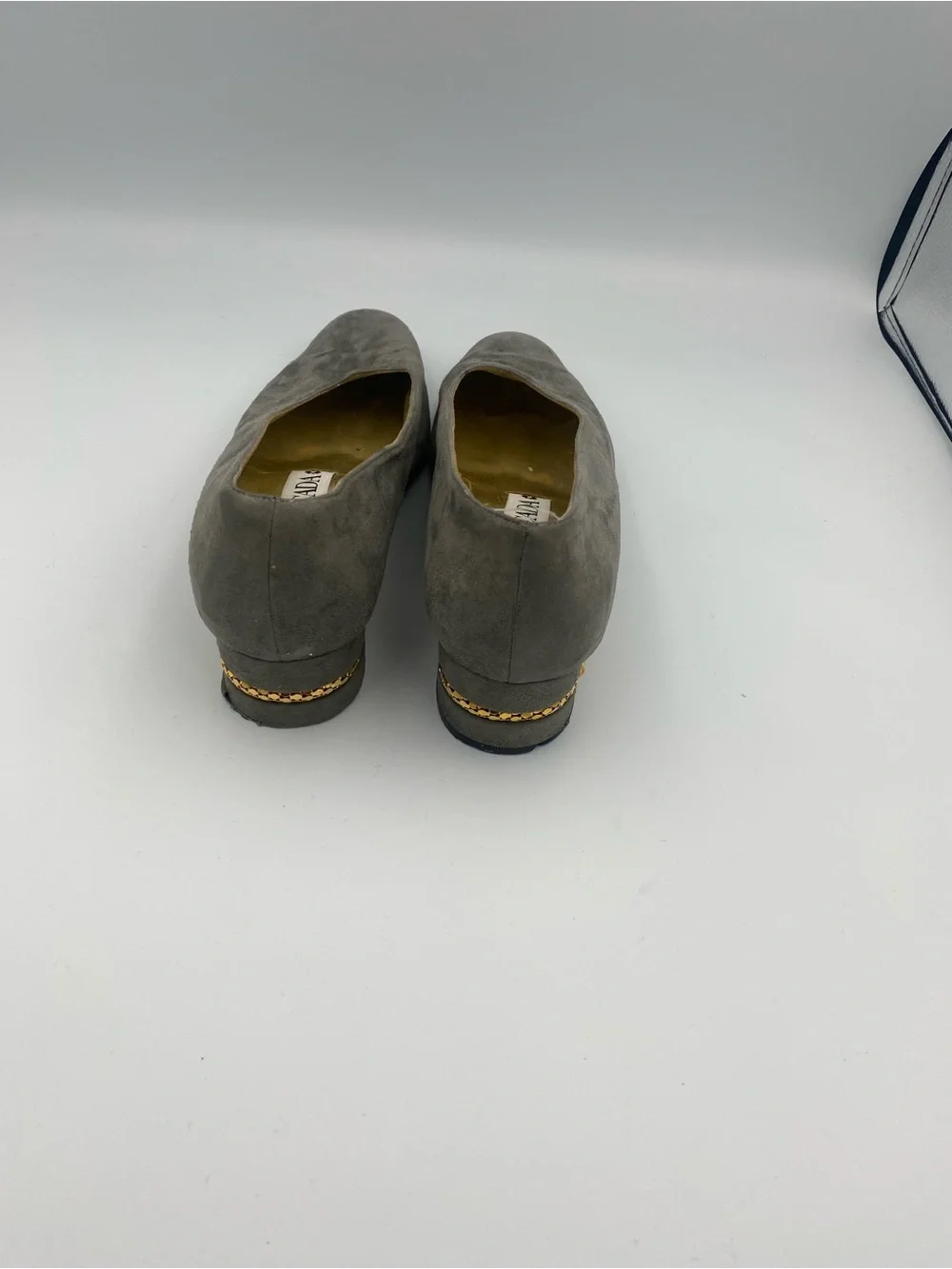 Escada Gray Suede Low Block Heel Pumps with Gold Accent